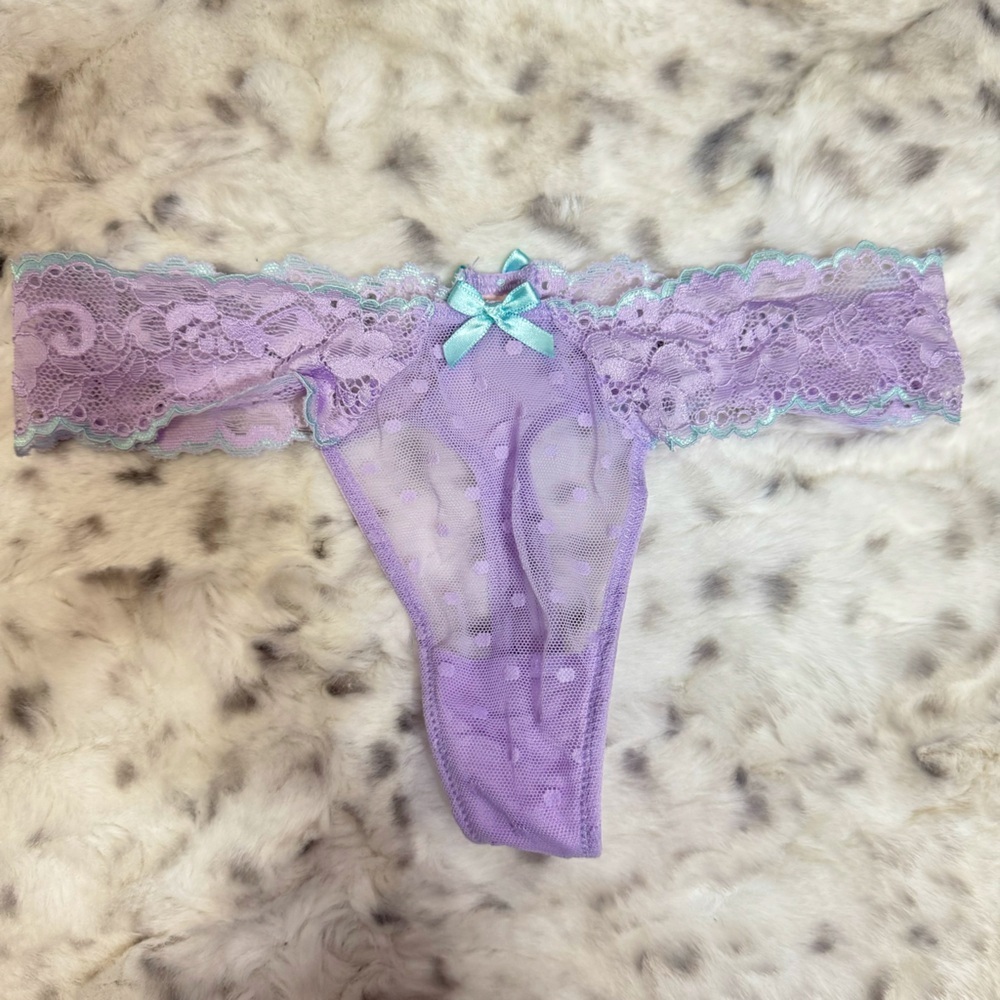 Victoria secret thong panties purple polka dot mesh light baby blue ribbon bow